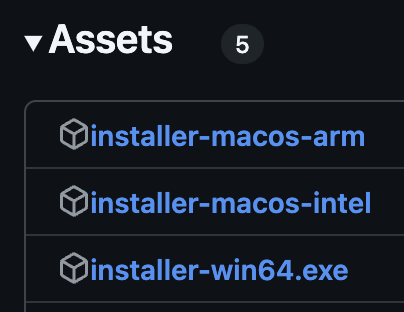 a Screenshot of Github's release page, showing assets with 3 entries with a macOS ARM option, a macOS Intel option and a Windows 64-bit option.